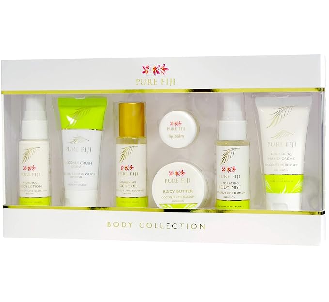 Pure Fiji Body Collection 7pacs- Bath and Body Gift Set Include - Body Mist,Coconut Crush, Body Oil, Body Butter, Soap, Body Lotion, Hand Creme - Travel Size, Scent Coconut Lime Blossom