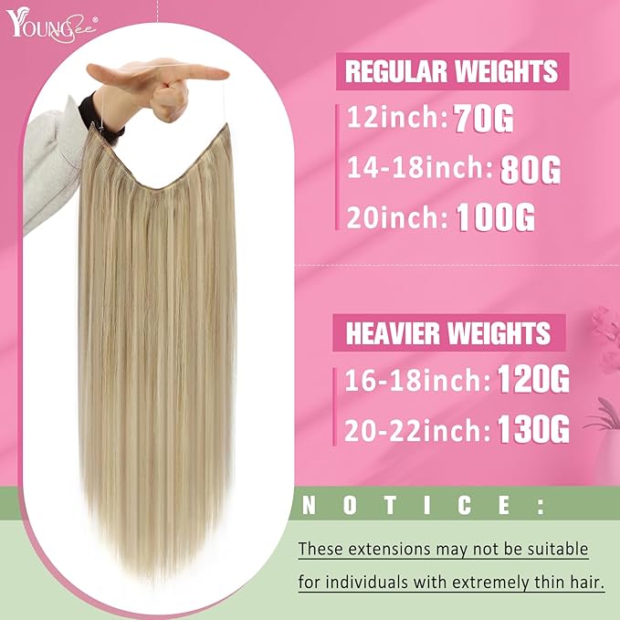 YoungSee 135G 24inch Invisible Wire Hair Extensions Blonde Highlight Hair Wire Light Blonde Highlights Golden Blond Fish Line Hair Extensions Real Human Hair for Natural Look