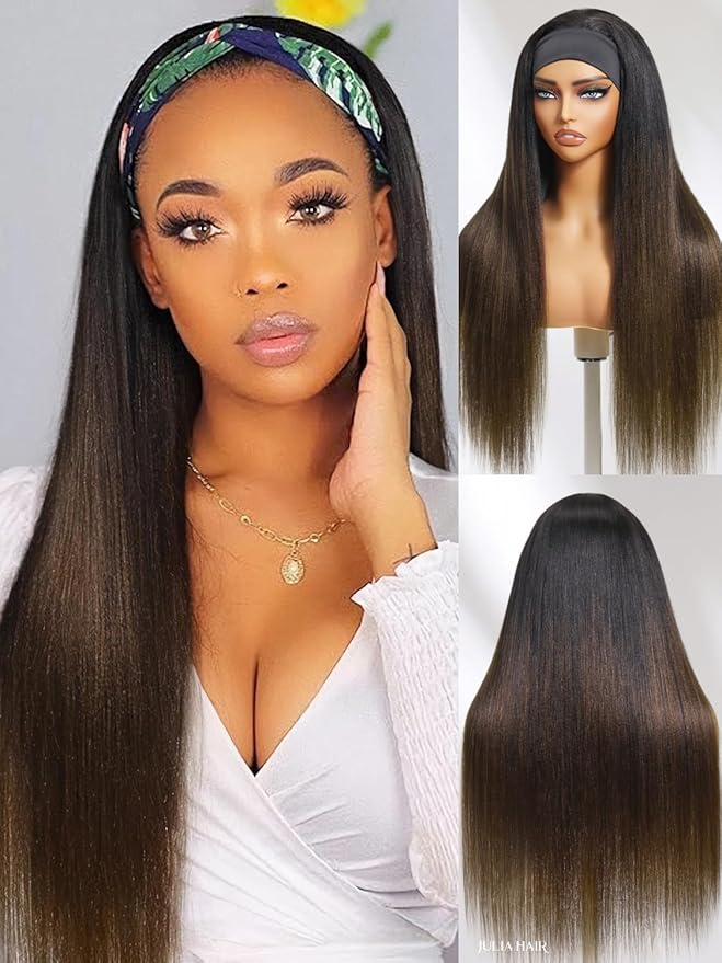 Julia Hair 12A Headband Wig Human Hair Yaki Straight Glueless None Lace Half Wig With Pre-attached Scarf Ombre Chestnut Brown Highlight With Dark Roots for Black Women Put on and Go 16 Inch