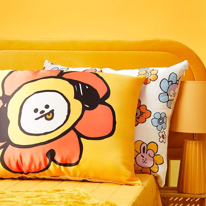 Kitsch x BT21 Satin Pillowcase with Zipper – Better Than Silk Pillowcase, Chimmy Character & Funky Floral Print – Soft Cooling Toddler Bed Time Pillow Case for Hair & Skin – King Size 19x36