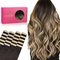 WENNALIFE Tape in Hair Extensions Human Hair, 20pcs 30g 10 inch Dark Brown to Chestnut Brown and Dirty Blonde Highlighted Remy Hair Extensions Straight Human Hair Tape in Extensions Skin Weft