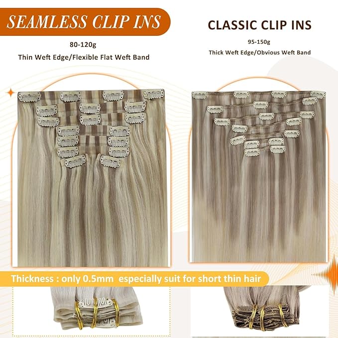 Full Shine Blonde Clip in Hair Extensions Balayage Blonde Ash Blonde Mix Platinum Blonde Human Hair Clip in Extensions 18 Inch White Clip ins Hair Extensions Ease for Use 8 Pcs 120 Grams