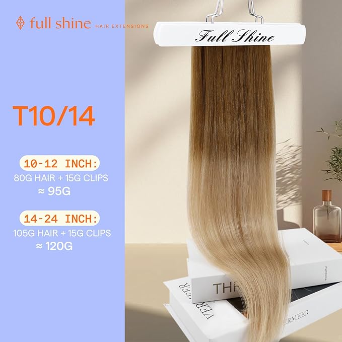 Full Shine Human Hair Extensions Clip ins Ombre 14 Inch Golden Brown To Golden Blonde Clip in Short Hair Extensions for Women 7 Pcs 120 G