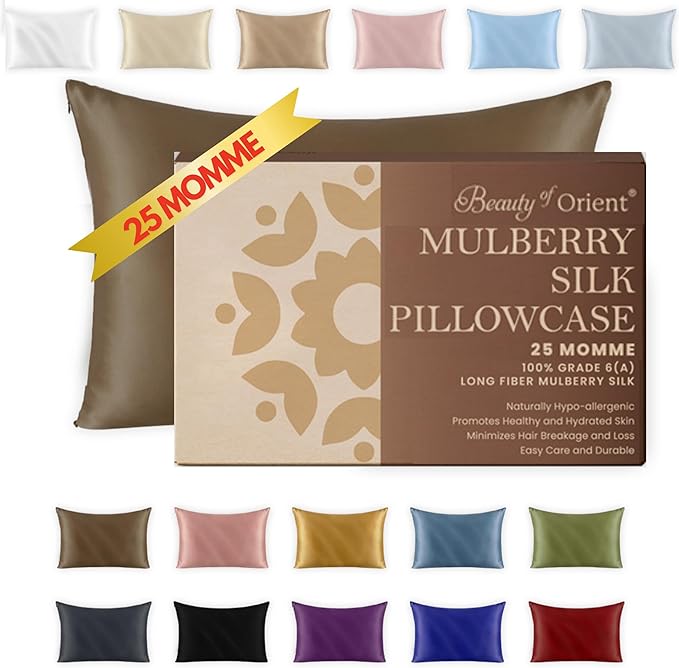 25 Momme Premium Mulberry Silk Pillowcase for Hair and Skin | Handcrafted Hypoallergenic & Anti-Acne Silk Pillow Cases with Zipper | Queen - 20" x 30", Chocolate