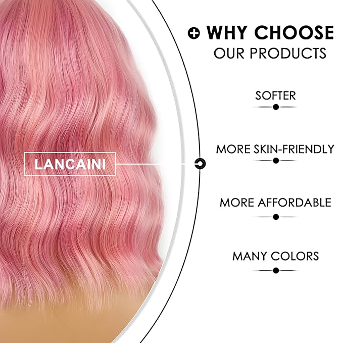 Short Bob Wigs with Bangs for Women Loose Wavy Wig Curly Wavy Shoulder Length Bob Synthetic Cosplay Wig for Girl Colorful Costume Wigs (Lovely Pink)