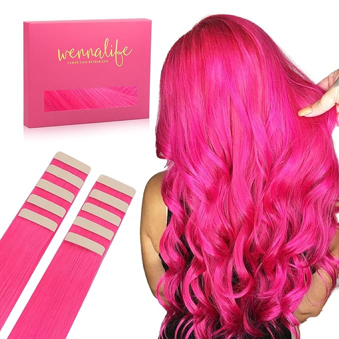 WENNALIFE Tape in Hair Extensions Human Hair Hot Pink Tape in Extensions, 10pcs 20g 12 inch Remy Invisible Tape Ins Straight Colored Soft Real Human Hair Tape in Extensions Refill Set Extensions
