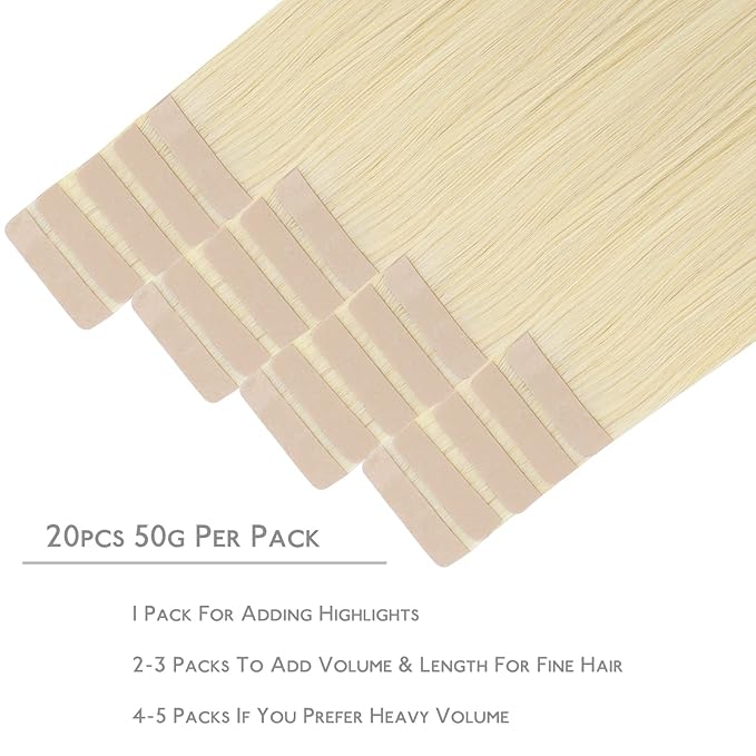 WENNALIFE Tape in Hair Extensions Human Hair, 20pcs 50g 20 inch Bleach Blonde Remy Hair Extensions Straight Human Hair Tape in Extensions Skin Weft Tape Extensions Human Hair