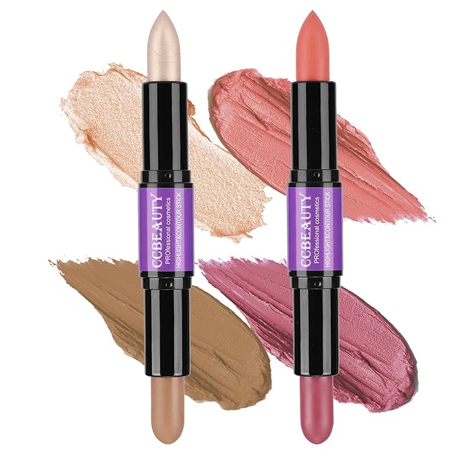 CCbeauty 2pcs 2-IN-1 Shimmer Contour Highlighter Stick with Blush,Cream Dual-End Highlight Bronzer Concealer & Blusher for Cheeks & Lip, Long Lasting Contouring for Face Shaping Makeup, Light-Medium