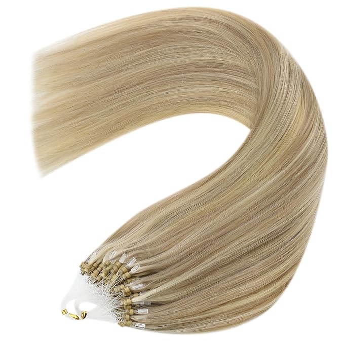 YoungSee Micro Bead Hair Extensions Real Human Hair Blonde Micro Loop Hair Extensions Real Human Hair Golden Blonde Highlighted Beaded Hair Extension 14In 50g 50s Pre Bonded Hair for Short Hair