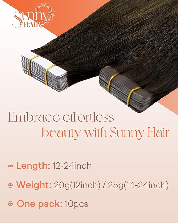Sunny Hair Tape in Hair Extensions Real Human Hair Invisible Remy Hair Extensions Tape ins for Women Darkest Brown Ombre Medium Brown Balayage 16 inch 25G