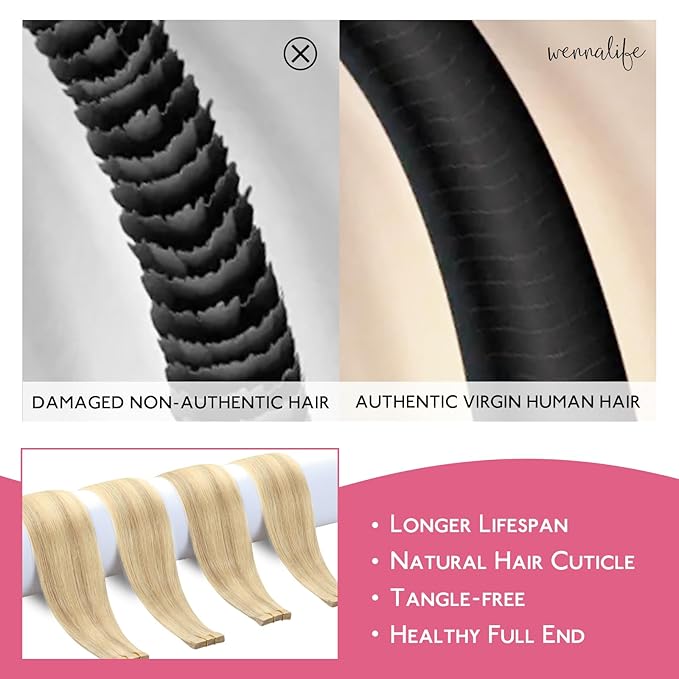 WENNALIFE Tape in Hair Extensions Human Hair Light Blonde Highlighted Golden Blonde Tape in Extensions, 10pcs 30g 24 inch Remy Invisible Tape Ins Straight Soft Real Human Hair Tape in Extensions