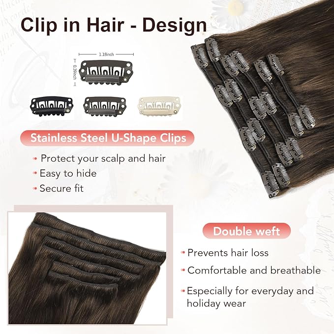XDhair Clip in Hair Extensions Human Hair 100g 16 Inch Dark Brown Human Hair Extensions Clip ins Hair Extension Real Human Hair Silky Straight Hair #2 16 Inch
