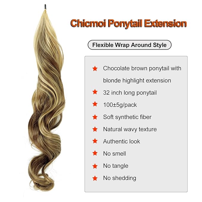 Chicmoi Chocolate Brown Ponytail Extainson with Blonde Highlight 32 Inch Flexible Wrap Around Ponytail Hair Extension Long Wavy Pony Tails hair Extension Synthetic Hairpieces For Women and Girls