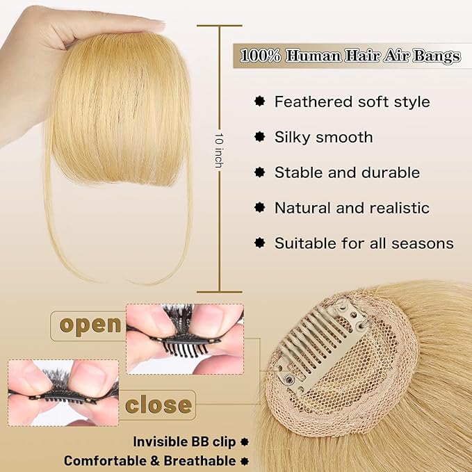 NAYOO Bangs Hair Clip - Light Blonde Fake Bangs 100% Real Human Hair Extensions Wispy Bangs for Women Fringe with Temples Hairpieces Curved Bangs for Daily Wear