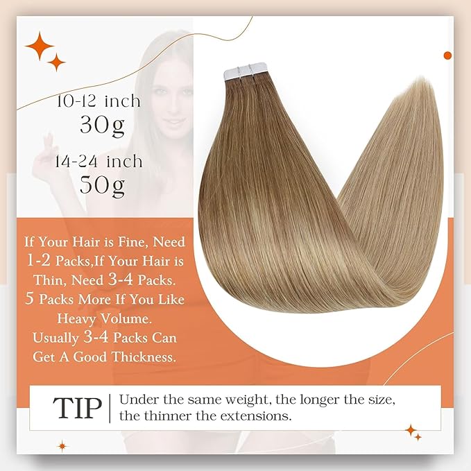 Full Shine 16Inch Tape in Hair Extensions Seamless Straight Tape in Extensions Ombre Human Hair Extensions 50G 20Pcs Color 10 Golden Brown to 14 Dark Blonde Real Remy Human Hair Extension for Wedding