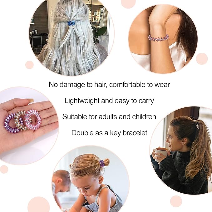 JessLab Spiral Hair Ties, 20 Pcs Traceless Phone Cord Hair Ties No Crease Spiral Bracelet Plastic Coil Ponytail Holders No-Damage Headband Hair Accessory for Girls Women Ladies Gift (Lustrous)