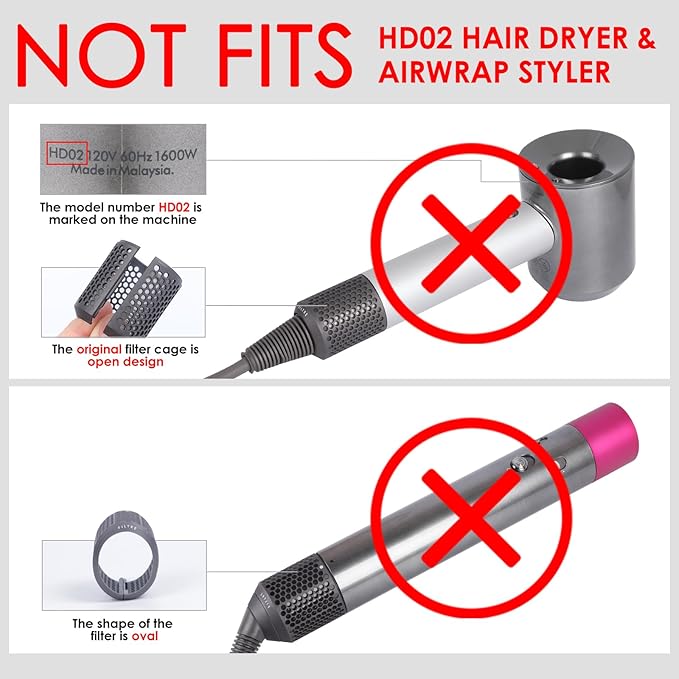 Magnetic Hair Dryer Filter Cover + Inner Filter Compatible with Dyson Supersonic HD01 HD03 HD08 HD07 HD15 Hair Dryer Replacement Parts, Hair Dryer Outer Filter Repair Accessories (Black)