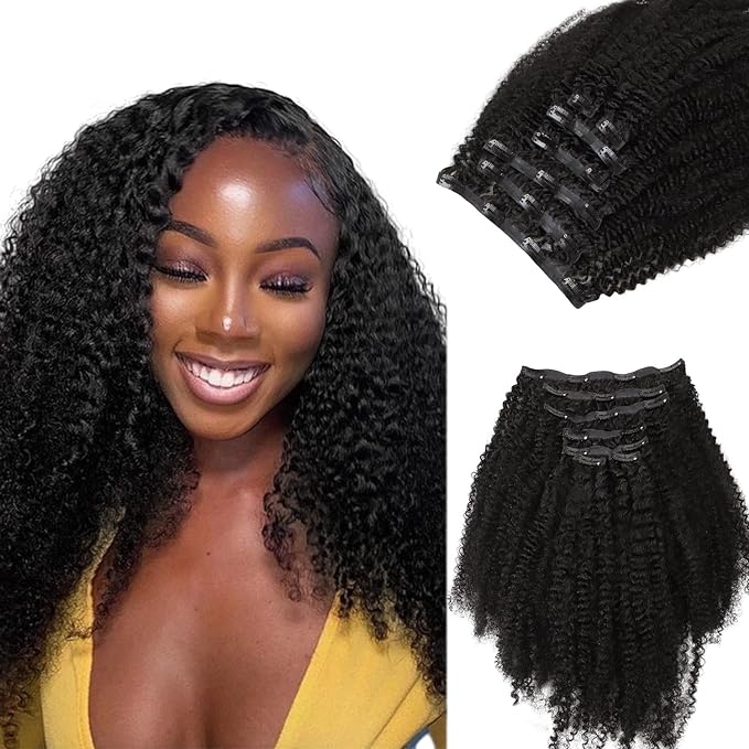 Lashey Seamless Clip in Hair Extensions Real Human Hair 16 Inch 110g 7pcs Afro Kinky Curly Human Hair Clip In Extensions 4C Natural Black Hair