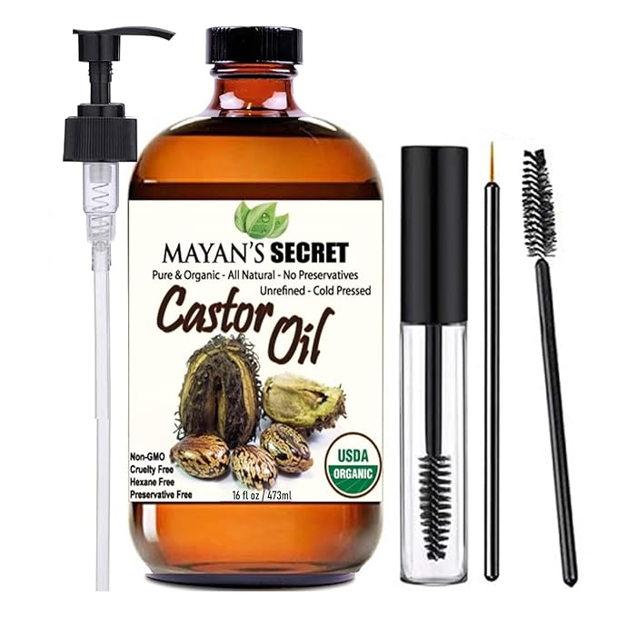 Mayan's Secret - 16 oz Pure Castor Oil Organic Cold Pressed Unrefined Glass Bottle Hexane Free Hair Oil for Hair Growth, Eyelashes, Eyebrows – Oil for Skin, Face, Body