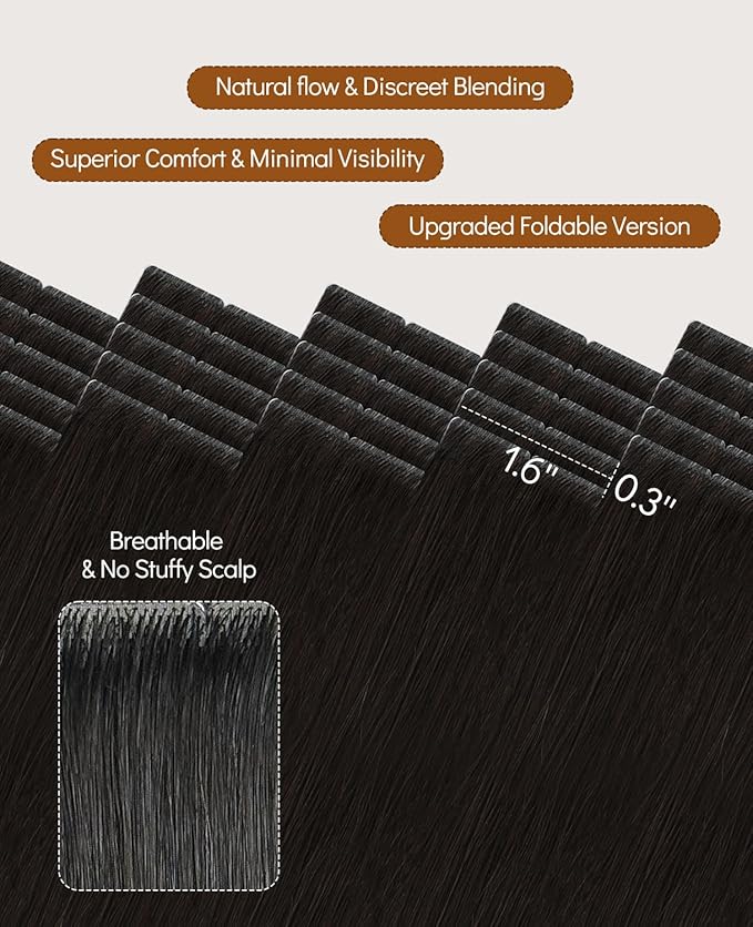 VINBAO Invisi Edge Tape in Hair Extensions Human Hair, Natural Black 55g 20in 20pcs, Pro Virgin Remy Hair Seamless Injected Tape ins Natural Look 20inch #1B