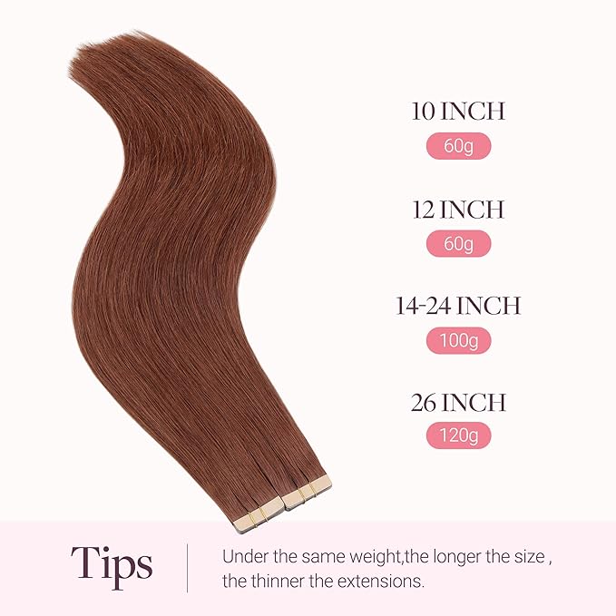 GOO GOO Tape in Hair Extensions Human Hair, #33B Dark Auburn Copper, 14inch 100g 40pcs, Skin Weft Seamless Invisible, Silky Straight with Thick Ends, Remy Human Hair