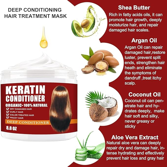 Keratin Hair Mask,Keratin Hair Treatment 250g Hair Mask for Dry Damaged Hair,Deep Conditioning Hair Treatment Mask Repair Treatment Damage Hair Root,Natural Deep Conditioner Hydrating Hair Care Gifts