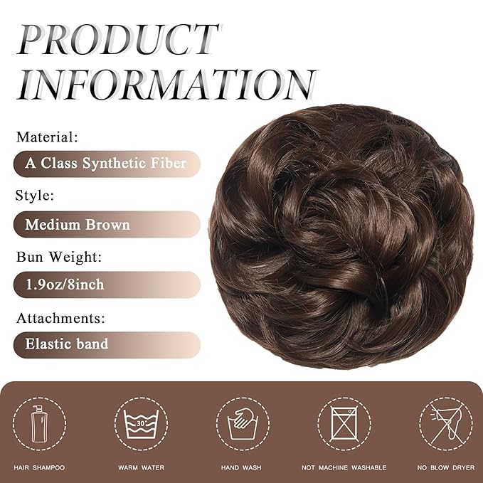 Large Messy Bun Hair Piece Curly Synthetic Extensions Scrunchies Fake Chignon Updo Hairpieces for Women Medium Natural Brown