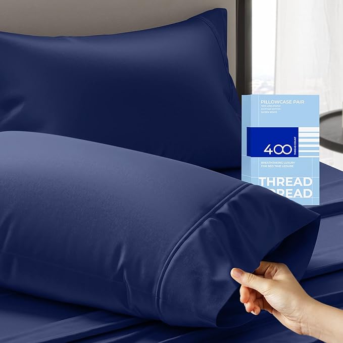 THREAD SPREAD 100% Cotton King Size Pillow Cases Set of 2-400 Thread Count Pillowcases King Size Set of 2 (Navy Blue), Luxuriously Soft Hotel Quality Sateen Weave Pillowcases, Crisp & Cool
