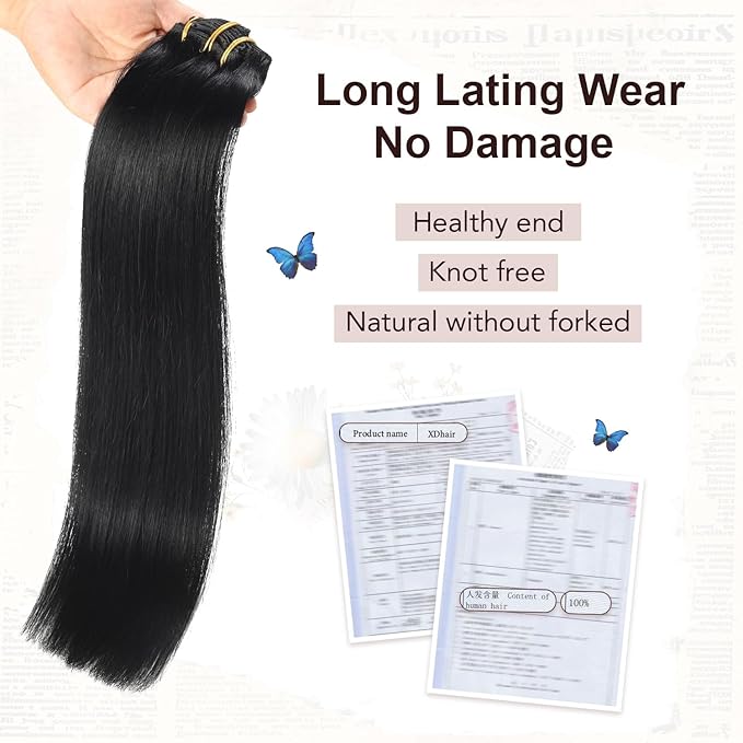 XDhair Black Clip in Hair Extensions Human Hair 100g 14Inch Black Clip in Hair Extensions 6Pcs Straight Real Hair for Women (#1,14Inch)