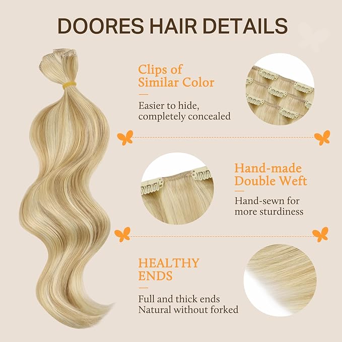 DOORES Clip in Human Hair Extensions, Dirty Blonde Highlight Golden Blonde 24 Inch 9pcs 150g, Human Hair Extensions Clip in Extensions Human Hair Natural Thick Silky Straight Hair Extensions