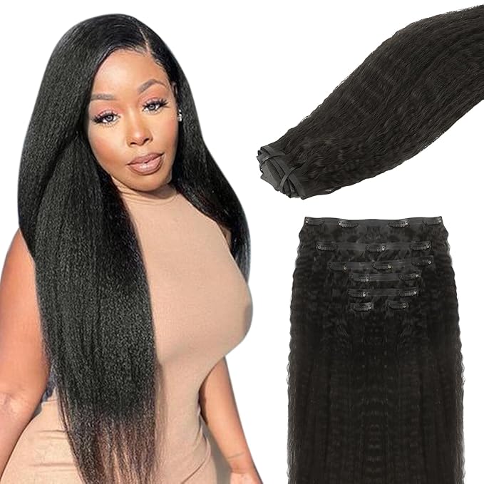 Lashey Clip in Hair Extensions Real Human Hair 110g Kinky Straight Seamless Clip in Hair Extensions Natural Black 18 Inch Human Hair with Invisi Edge for Black Women