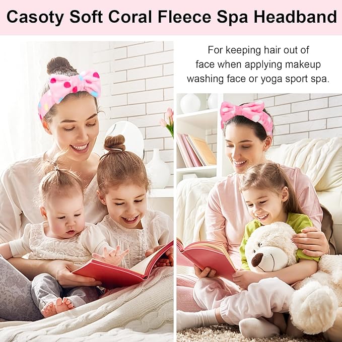 Casoty 6 Pcs Spa Headbands, Hair Holder for Washing Face, Soft Coral Fleece Facewash Headband, Bow Hair Bands, Beauty Headbands for Face Washing Shower Skin Care Yoga