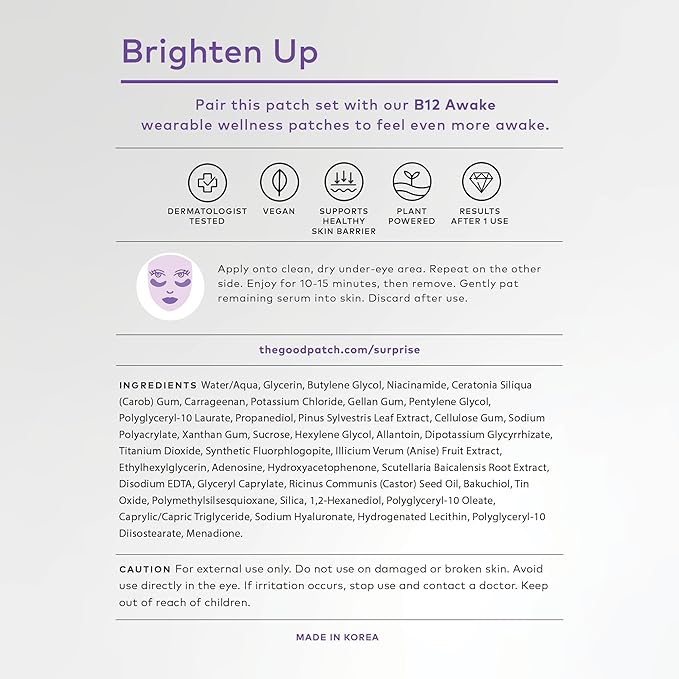 The Good Patch Brighten Up Hydrogel Under Eye Patches for Dark Circles and Puffy Eyes, Made with Niacinamide, Vitamin K, Pine Leaf Extract, Clinically Proven (12 Total Patch Sets)