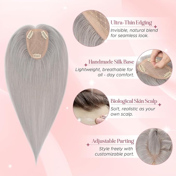 Real Human Hair Toppers for Women 3.54"*4.72" Silky Base 150% Density No Bangs Adjustable Parting Clip-In Topper Hairpieces for Women with Thinning Hair 14 Inches Silver Grey