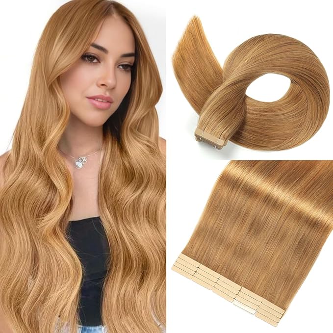 Tape in Hair Extensions Human Hair Caramel Blonde Hair Extensions 18 Inch 20pcs Remy Straight Human Hair Tape in Extensions Skin Weft Tape Extensions Human Hair