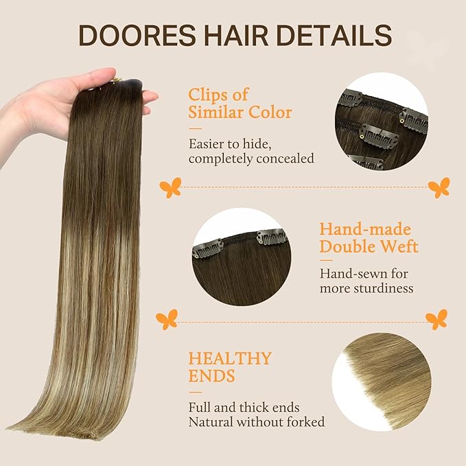 DOORES Hair Extensions Clip in Human Hair, Balayage Walnut Brown to Ash Brown and Bleach Blonde 150g 9pcs 20 Inch, Real Human Hair Extensions Clip in Straight Natural Hair Extensions