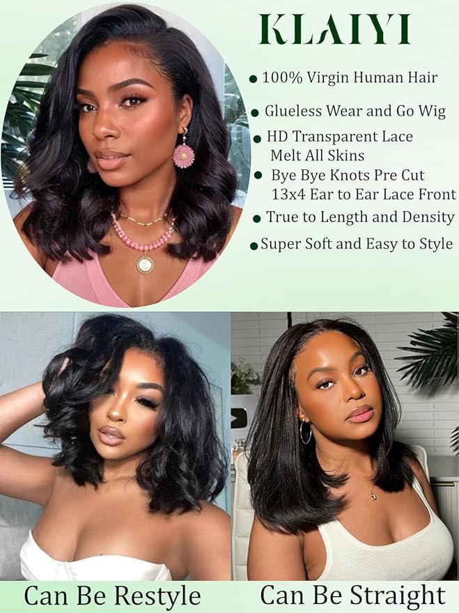 KLAIYI Light Yaki Straight Bob Loose Wave Pre Everything 13x4 Lace Front Wigs Human Hair Precut Lace Pre Plucked Bleached Glueless Wear and Go Wigs for Women Bye Bye Knots Wig Beginner Friendly 10Inch