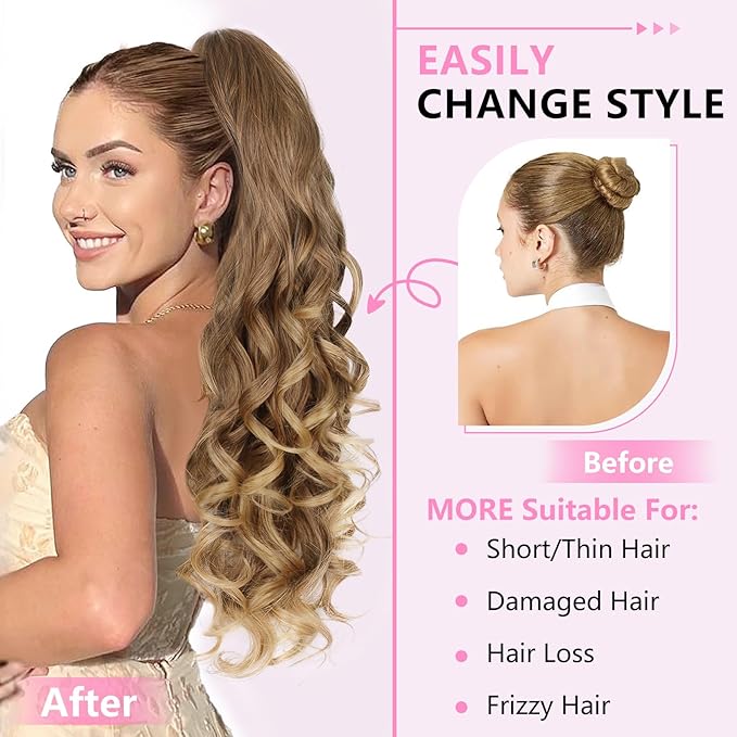 ALXNAN Ponytail Extension,24 Inch Claw Clip in Long Curly Wavy Dark Ash Blonde with Golden Ends Ponytail Hair Extension Jaw Clip on Pony Tails Hairpiece for Women
