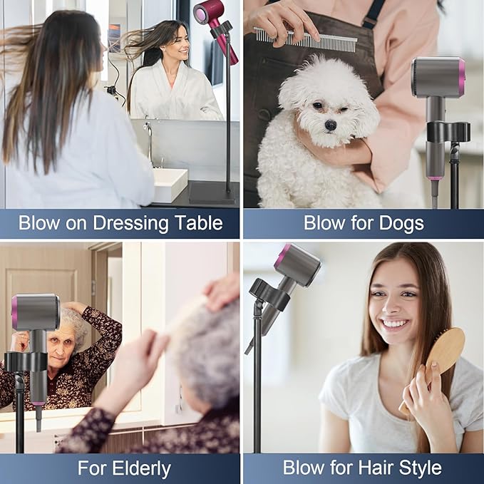 Hair Dryer Stand Hands Free - Heavy Duty Blow Dryer Stand Holder with Larger Clamp, 49in- 61in Height Adjustable Blow Dryer Floor Stand Countertop Stand Holder with Heavy Base for Women Pets