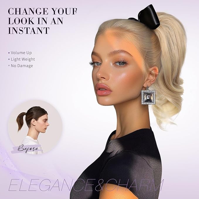 Clip on Ponytails for Women - 12 Inch Curly Ponytail Extension, Wavy Pony Tails Hair Extensions, Synthetic Hair Extensions Ponytail, Clip in Ponytail (Color: Ash Blonde with White Highlights)