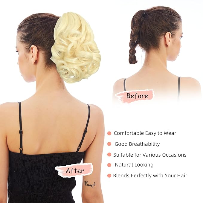 Ponytail Extension, Clip on Ponytails for Women, 9" Claw Clip in Short Curly Wavy Pony Hair Extension for Women - Bleach Blonde