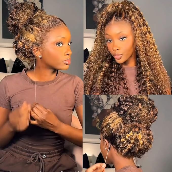 Hidden Strap 360 Water Wave 220% Density Honey Blonde Deep Curly Human Hair wig Ombre Deep Wave 4/27 Highlight Lace Front Wigs Pre Plucked Wet And Wavy Water Wave Wig for Women 20 Inch