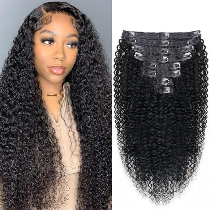 Curly Clip In Extension Human Hair 3C 4A Kinky Curly Clip Ins Full Head for Black Women Brazilian Remy Human Hair Natural Color 8Pcs with18clips 120g/Set (28 inch, curly wave)