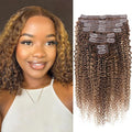 Curly Clip In Hair Extensions Real Human Hair Clip Ins Balayage Chocolate Brown to Caramel Blonde Human Hair Extensions 8Pcs with18clips 120g/Set (18 inch，#4/27/4)