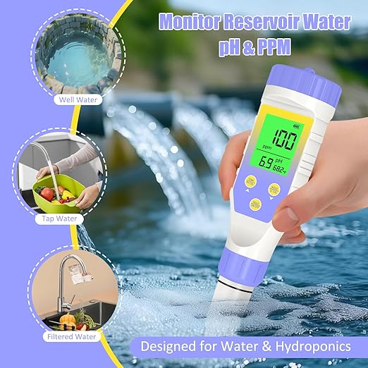 pH Meter for Water Hydroponics, 5-in-1 pH TDS EC Salt Tester for Water Nutrient Solution, Simultaneous Display of pH EC Temp for DWC Reservoir Tank, Aeroponic Garden, Growing System