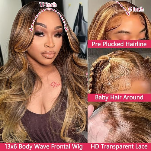 34 Inch Ombre Lace Front Wig Human Hair 180 Density 13x6 Highlight Wig Human Hair 4/27 Body Wave Lace Front Wigs Pre Plucked Glueless HD Lace Frontal Wig