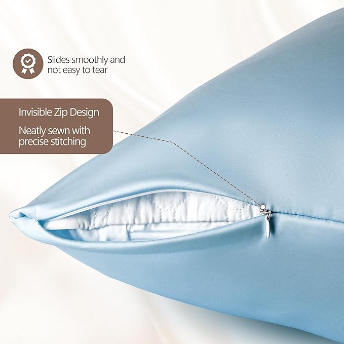 Luxury 6A Mulberry Silk Pillowcase & Silk Pillow Case for Hair & Skin – Anti-Wrinkle, Hidden Zipper – Best Beauty Sleep Solution for Women (Light Blue, Standard)