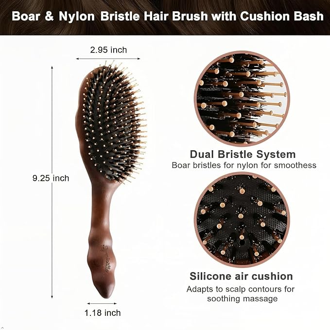 Boar Bristle Hair Brush-Gentle on Scalp with No Pulling,for Smooth,Shiny Hair and Reduced Static.Detangling Hairbrush for Fine,Thin,and Curly Hair with Scalp Massage.