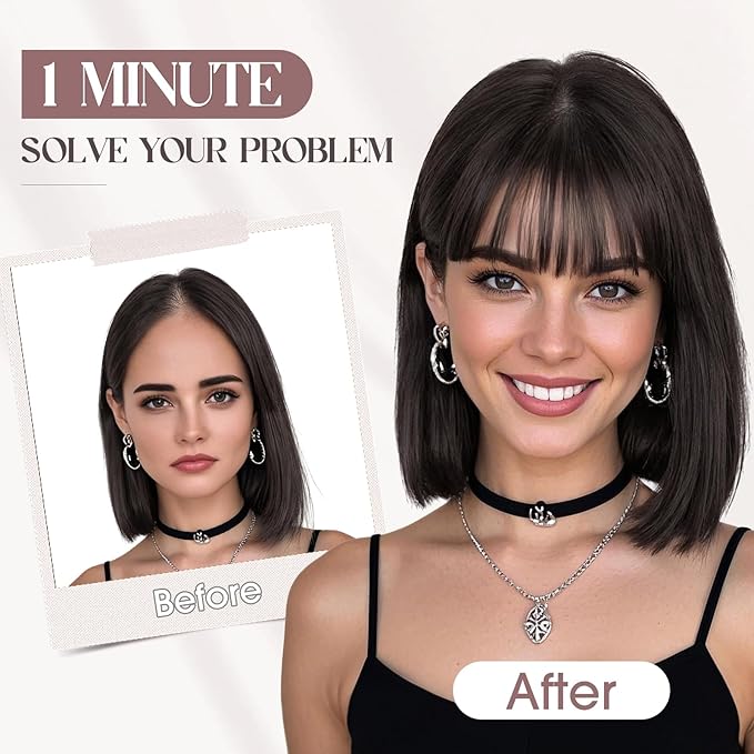 MY-LADY Human Hair Toppers for Women Real Human Hair with Bangs Thin 8.5 * 8.5CM Mono Base Clip in Remy Hairpieces Light Weight 14 Inch Natural Black