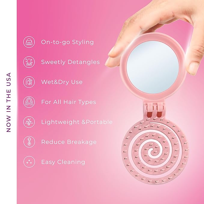 Mini Detangler Travel Hair Brush with Mirror, Makaron Hair Brushes for Women, Men and Kids, Unique 3D Flexible Design for All Hair Types, Styling Accessory, Travel Essentials for Women (PINK)